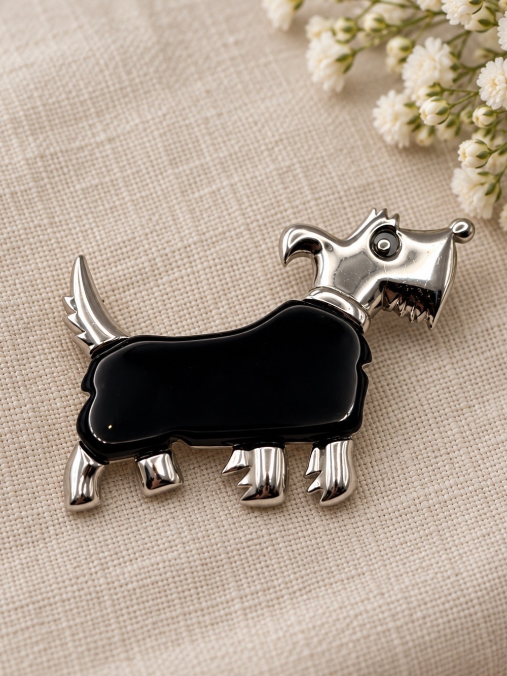 Large Silver-Tone & Black Enamel Scottie Dog Brooch Pin